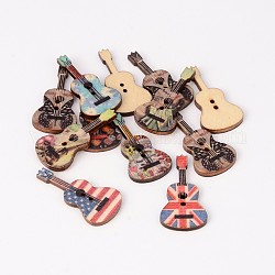 Boutons de couture en bois imprimés de guitare avec 2-trou, couleur mixte, 36x18x3mm, Trou: 2mm