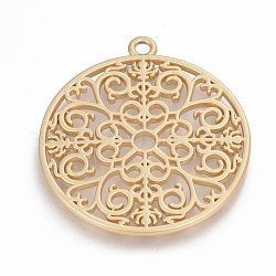 Alloy Pendants, Matte Style, Flat Round with Flower, Cadmium Free & Nickel Free & Lead Free
, Real 14K Gold Plated, 49.5x44.5x2.5mm, Hole: 3mm