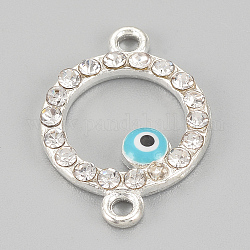 Conectores de enlaces de rhinestone de aleación, sin plomo y cadmio, anillo con mal de ojo, el cielo azul, color plateado, 19.5x14x2mm, agujero: 1 mm