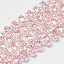 Abalorios de vidrio electroplate hebras, arco iris chapado, facetados, plano y redondo, rosa, 7~8x5mm, agujero: 1 mm, aproximamente 80 pcs / cadena, 21.26 pulgada