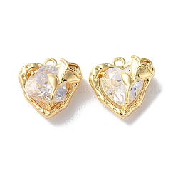 Glass Charms, with Brass Findings, Heart with Rose Charm, Real 18K Gold Plated, 12.5x12.5x7mm, Hole: 1.4mm
