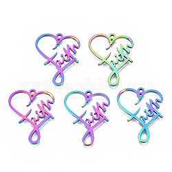Ion Plating(IP) 201 Stainless Steel Pendants, Heart with Word, Rainbow Color, 28.5x22x1.5mm, Hole: 1.6mm