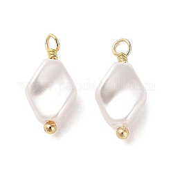 Colgantes de perlas de imitación de plástico abs, con accesorios de latón chapados en oro real de 18k, encanto de rombo, blanco, 15.5x7.5x4mm, agujero: 1.8 mm