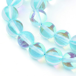 Synthetische Mondstein Perlen Stränge, holographische Perlen, gefärbt, Runde, Licht Himmel blau, 8 mm, Bohrung: 1 mm, ca. 45~47 Stk. / Strang, 14~15 Zoll