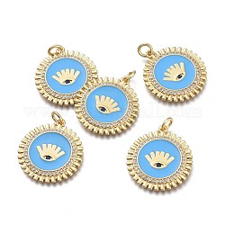 Brass Micro Pave Cubic Zirconia Pendants, with Enamel and Jump Rings, Flower with Eye, Real 18K Gold Plated, Deep Sky Blue, 22x20x2mm, Hole: 3mm