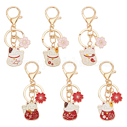 Olycraft 6Pcs 6 Style Chinese Style Alloy Enamel Keychains, with Iron Lobster Clasp and Rings, Cat with Flower, Mixed Color, 9.15cm, 1pc/style