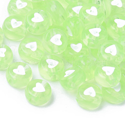 Abalorios de acrílico transparentes, plano redondo con corazón blanco, verde claro, 7x3.5mm, agujero: 1.8 mm, aproximamente 3700 unidades / 500 g
