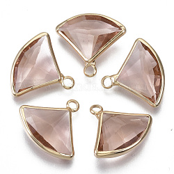 Transparent Glass Pendants, with Light Gold Plated Brass Findings, Faceted, Fan, Rosy Brown, 16~17x19x6mm, Hole: 2mm