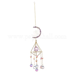 Moon & Fairy Iron AB Color Chandelier Decor Hanging Prism Ornaments, with Faceted Glass Prism & Amethyst, for Home Window Lighting Decoration, Golden, 480mm