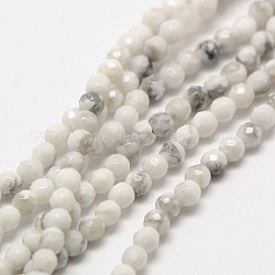 Chapelets de perles en howlite naturelle, ronde à facettes, 3mm, Trou: 0.8mm, Environ 120 pcs/chapelet, 15 pouce