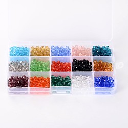 1Box ​​15 abalorios de vidrio de color reronda, facetados, color mezclado, 6mm, agujero: 1 mm, aproximamente 50pcs / color / compartimento, aproximamente 750 unidades / caja