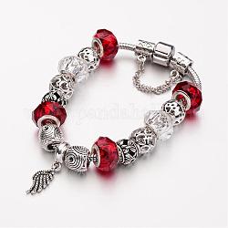 Alliage perles de verre bracelets européens, avec chaîne en laiton, rouge, 190mm
