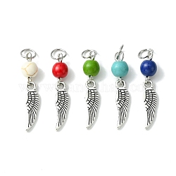 Synthetic Turquoise Dyed Pendants, Antique Silver Plated Alloy Charms, Mixed Color, Wing, 28.5mm, Pendant: 18x5x1mm, Hole: 4.5mm