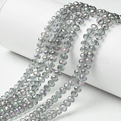 Placcare trasparente perle di vetro fili, pieno arcobaleno placcato, sfaccettato, rondelle, grigio chiaro, 4x3mm, Foro: 0.4 mm, circa 123~127pcs/filo, 16.5~16.9 pollice (42~43 cm)