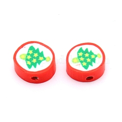 Handmade Polymer Clay Christmas Theme Beads, Flat Round with Christmas Tree Pattern, Green, 9~11x4~5mm, Hole: 1.4mm