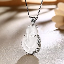 925 Sterling Silver Pendant, with Natural Quartz Crystal, Fox, Clear, Antique Bronze