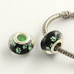 Large Hole Dog Paw Prints Pattern Acrylic European Beads, with Platinum Plated Brass Double Cores, Rondelle, Spring Green, 14x9mm, Hole: 5mm