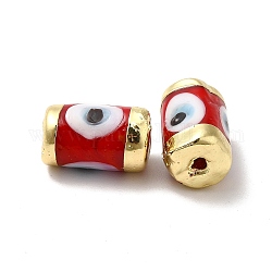 Handmade Evil Eye Lampwork Beads, with Light Gold Tone Brass Findings, Long-Lasting Plated, Lead Free and Cadimum Free, Column, Red, 14.5~15x9~9.5mm, Hole: 1.8mm