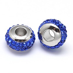 Unterlegscheibe 304 aus rostfreiem Stahl Polymer Ton Strass europäischen Perlen, mit Doppelseitenplatinfarbe Kern, Edelstahl Farbe, Saphir, 10x6 mm, Bohrung: 4 mm