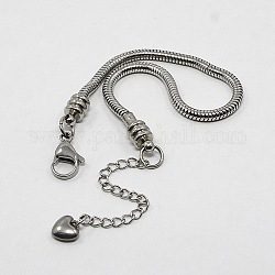 304 acero inoxidable pulseras de cadenas de serpiente redondas europeas, con cierre de pinza y los charms del corazón, color acero inoxidable, 160x3mm