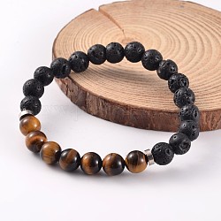 Natural Lava Rock Beaded Stretch Bracelets, with Tiger Eye Beads and Brass Findings, Platinum, 58mm