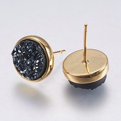 Druzy Resin Earrings, with Brass Finding, Flat Round, Prussian Blue, 9.5x16~16.5mm, Pin: 0.8mm