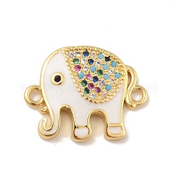 Brass Micro Pave Colorful Cubic Zirconia Connector Charms, with White Enamel, Cadmium Free & Lead Free, Long-Lasting Plated, Elephant, Real 18K Gold Plated, 15x19x3mm, Hole: 1.6mm