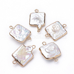 Plated Natural Baroque Pearl Keshi Pearl Links connectors, with Iron Findings, Square, Golden, 22~26x14~17x3~7mm, Hole: 1.8mm