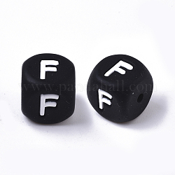 Food Grade Eco-Friendly Silicone Beads, Horizontal Hole, Chewing Beads For Teethers, DIY Nursing Necklaces Making, Cube, Black, Letter.F, 12x12x12mm, Hole: 2mm