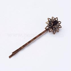 Iron Hair Bobby Pin Findings, with Brass Filigree Findings, Flower, Antique Bronze, Tray: 14x8mm, Fit For 6mm Rhinestone, 59x2x12.5mm