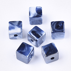 Perles acryliques, style de pierres fines imitation, deux tons, nacré, cube, bleu foncé, 12.5x12x12mm, Trou: 3.5mm