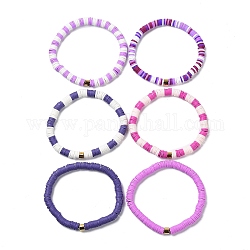 Handmade Polymer Clay Heishi Beads Stretch Bracelets Sets, with Golden Plated Stainless Steel Spacer Beads, Plum, Inner Diameter: 2 inch(5.2cm), 6pcs/set