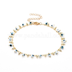 Evil Eye Anklets, with Brass Curb Chains and 304 Stainless Steel Lobster Claw Clasps, Golden, 9-1/8 inch(23cm)x0.2cm
