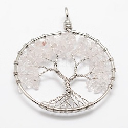 Tree of Life Natural Quartz Crystal Brass Wire Wrapped Big Pendants, Rock Crystal, Cadmium Free & Nickel Free & Lead Free, 50~64x48~52x5~8mm, Hole: 3~6mm