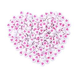 Perline acrilico opaco, con smalto, piatta e rotonda con il cuore, rosa caldo, 7x3.5mm, Foro: 1.2 mm