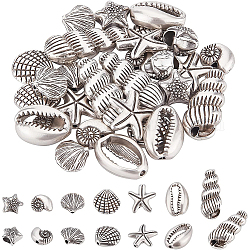 BENECREAT 28Pcs 7 Styles Thai Sterling Silver Plated Ocean Animal Beads, Shell/Starfish/Conch Alloy Pendants for DIY Jewelry Earring Bracelet Necklace