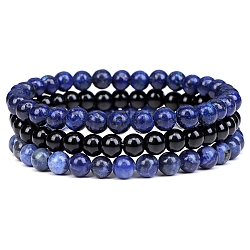3 pièces 3 style lapis lazuli naturel et agate noire ensemble de bracelets extensibles perlés ronds, bracelets empilables de pierres précieuses pour femme, large: 6 mm, 7-1/4~7-1/2 pouce (18.5~19 cm), 1pc / style