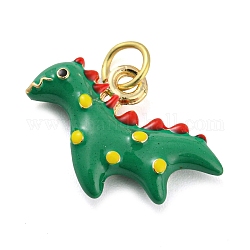 Dinosaur Rack Plating Brass Enamel Pendants, with Jump Ring, Long-Lasting Plated, Cadmium Free & Lead Free, Real 18K Gold Plated, Green, 13x18x4mm, Hole: 3.8mm