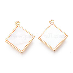 Brass Pendants, with Shell, Rhombus, Real 18K Gold Plated, Nickel Free, Seashell Color, 16x14x2mm, Hole: 0.9mm