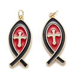 Real 18K Gold Plated Brass Pendants, with Enamel, Long-Lasting Plated, Christian Ichthys Ichthus with Cross, Black, 30.5x12.5x1.5mm, Jump Ring: 5x0.7mm, 3.6mm inner diameter
