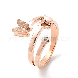 Bague papillon strass cristal, placage ionique (ip) 304 bijoux en acier inoxydable pour femmes, or rose, nous taille 6~9 (16.5~18.9 mm)