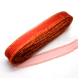 Ruban maille, Filet en plastique, avec or cordon métallique, rouge, 7 cm, 25 yards / botte