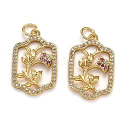 Brass Micro Pave Cubic Zirconia Pendants, Long-Lasting Plated, with Jump Ring, Rectangle with Flower, Real 18K Gold Plated, 22x14x2mm, Jump Ring: 5x1mm, Hole: 3mm