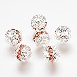 Abalorios de Diamante de imitación de latón, Grado A, color plateado, redondo, melocotón claro, 8mm, agujero: 1 mm