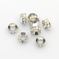 Perles séparateurs en laiton avec strass, Grade a, rondelle, de couleur métal platine , cristal ab, 7x3.3mm, Trou: 3.5mm