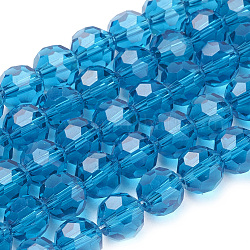 Chapelets de perles en verre, facetté (32 facettes), ronde, bleu acier, 8mm, Trou: 1.5mm, Environ 66~67 pcs/chapelet, 15.12 pouce ~ 15.35 pouces (38.4~39 cm)