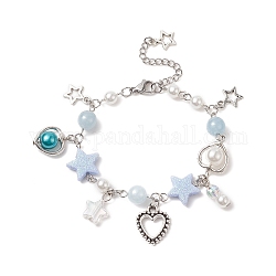 Braccialetto in lega con ciondolo a forma di cuore e stella con perline finte in plastica abs per le donne, cielo azzurro, 6-7/8 pollice (17.4 cm)