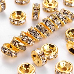 Abalorios de latón Diamante de imitación espaciador, para hacer artesanías de joyería fornituras, Grado A, brida recta, color metal dorado, rerondana plana, cristal, 6x3mm, agujero: 1 mm