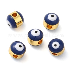 Perle di smalto in ottone,  cadmio& piombo libero, placcato di lunga durata, oro, rondelle con malocchio, blu di Prussia, 6x7mm, Foro: 1.8 mm