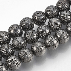 Brins de perles de pierre de lave naturelle galvanisées, ronde, cahoteuse, plaqué gris anthracite, 9mm, Trou: 1mm, Environ 47 pcs/chapelet, 15.7 pouce